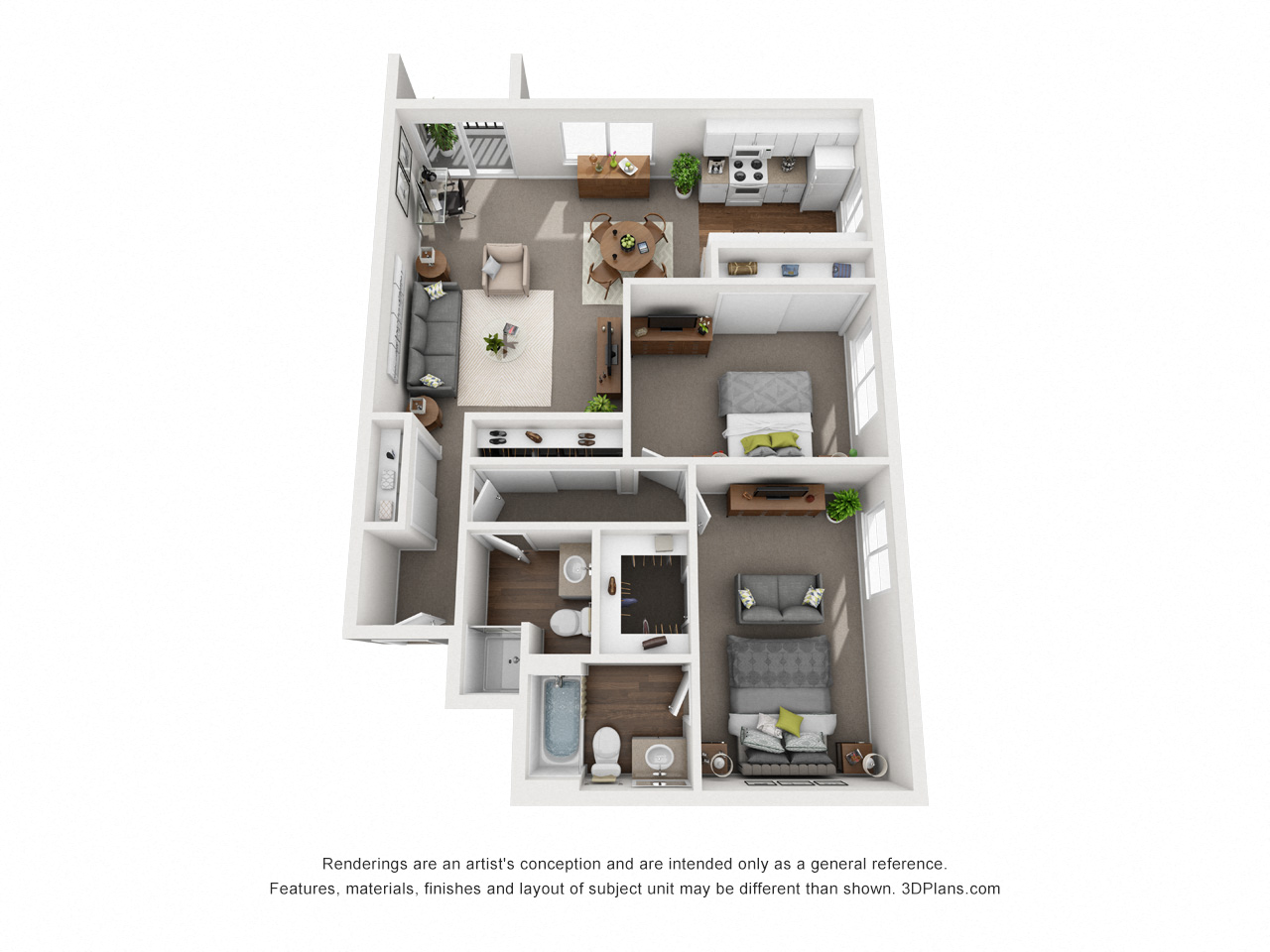 Floor plan for 2 beds, 2 baths, 900 sqft